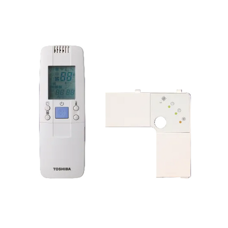 Toshiba air conditioner remote control and indoor unit on a purple background