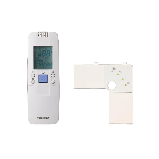 Toshiba air conditioner remote control and indoor unit on a purple background