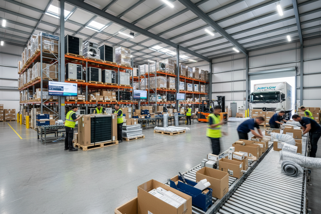 Modern Australian HVAC warehouse with staff preparing orders for fast dispatch, packing air conditioning units, ducts, and components into boxes, a delivery truck parked outside ready for shipping, industrial shelving in the background, professional B2B operation, bright and realistic lighting, high-resolution, dynamic perspective showing efficiency and speed.
