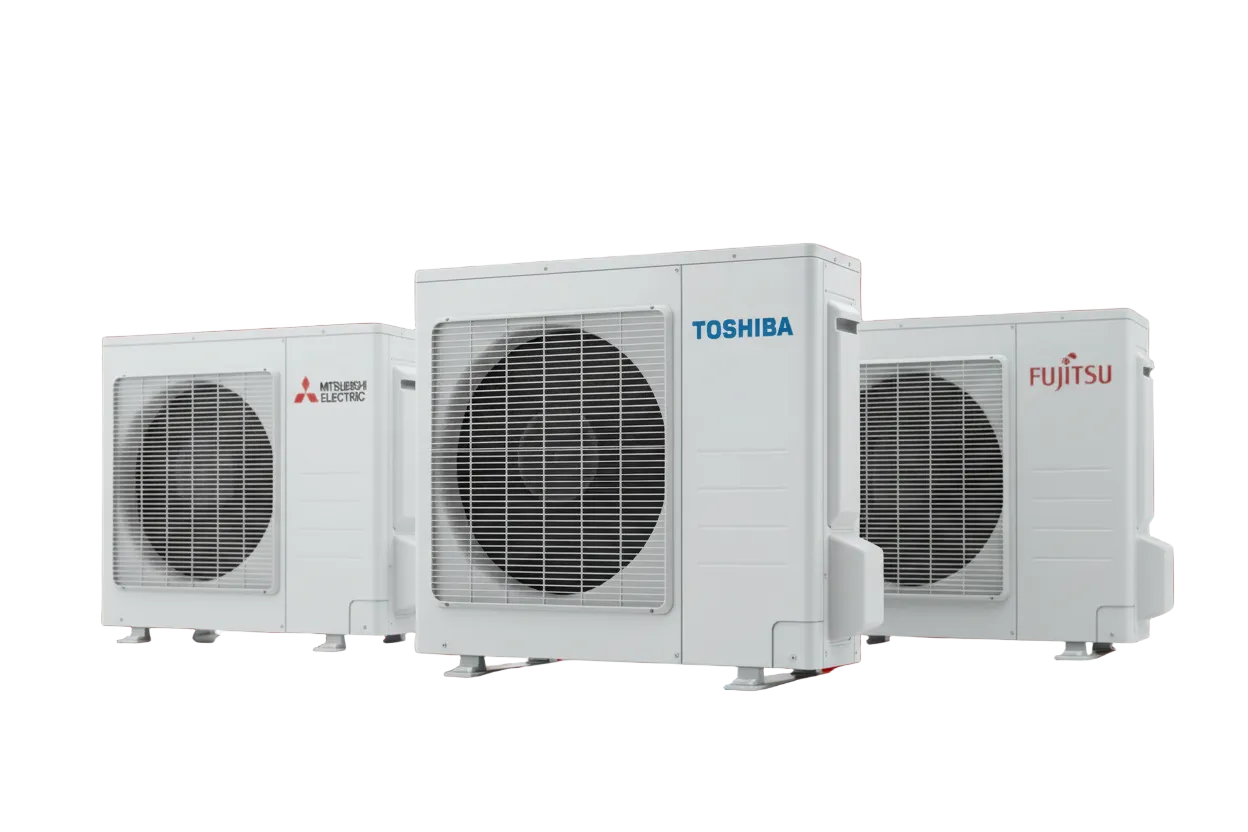 Three air conditioning units with Toshiba, Mitsubishi, and Fujitsu logos on a red background