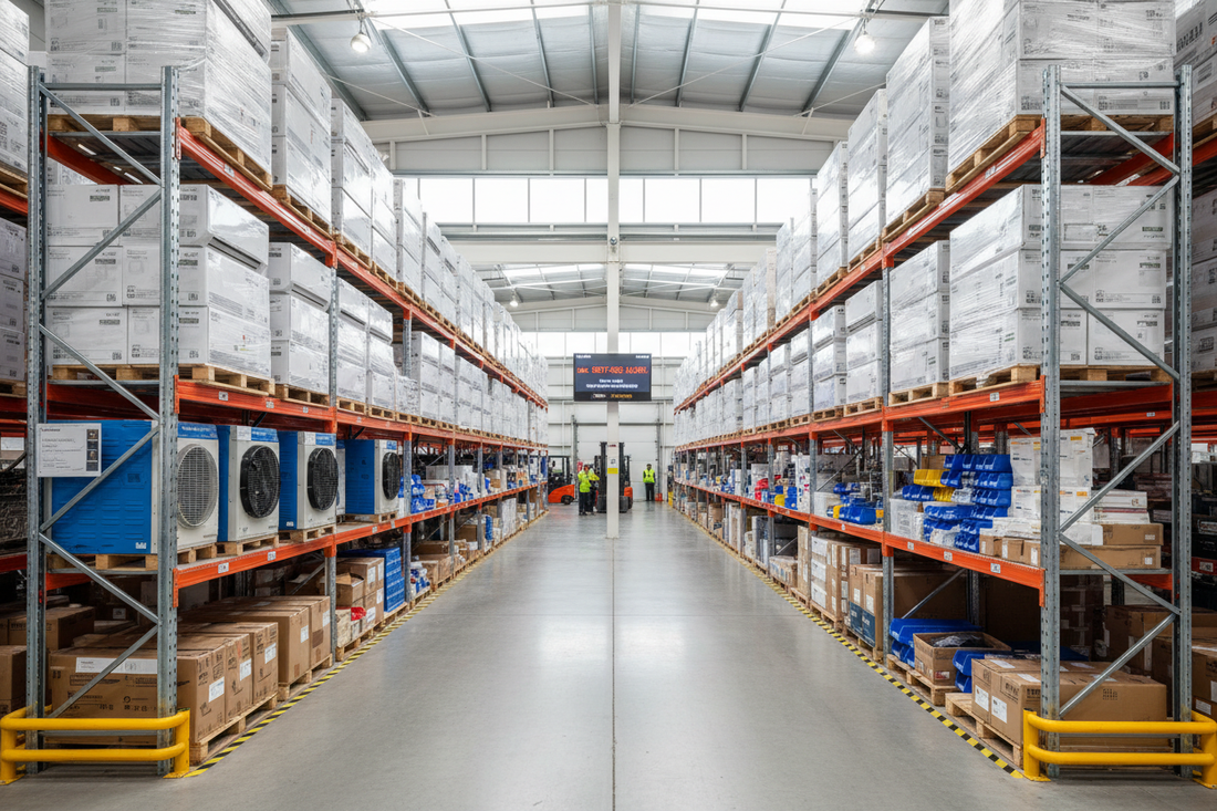 Wide-angle view of a modern Australian HVAC warehouse with neatly stacked split systems, ducted units, evaporative coolers, and accessories, industrial shelving, bright natural lighting, high-resolution, professional B2B environment, showing scale and inventory variety, clean and organized, realistic perspective.